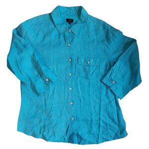 Talbots Pure Irish Linen Turquoise Button-Front Shirt L Made In Indonesia